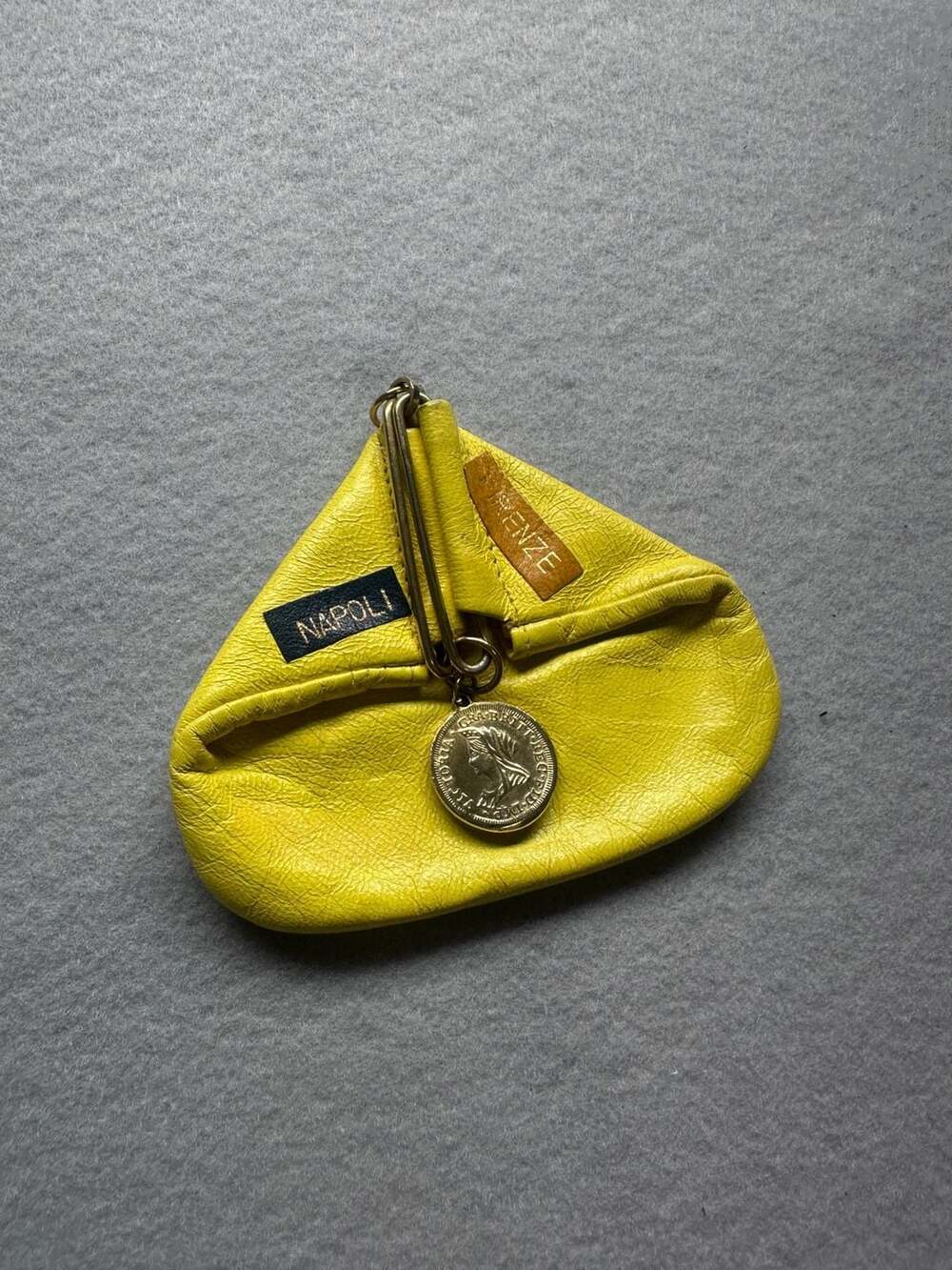Vintage Yellow Leather Coin Purse with Coin button and stamps